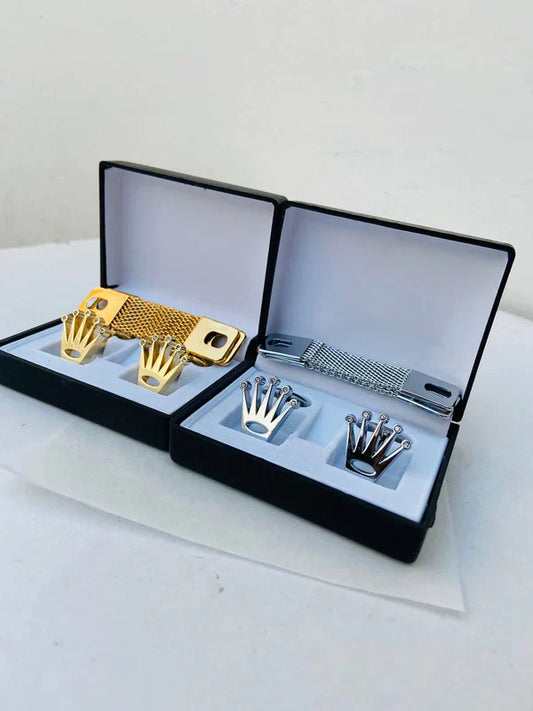 Rolex Cufflinks with Box and Chain Gold & SIlver Color